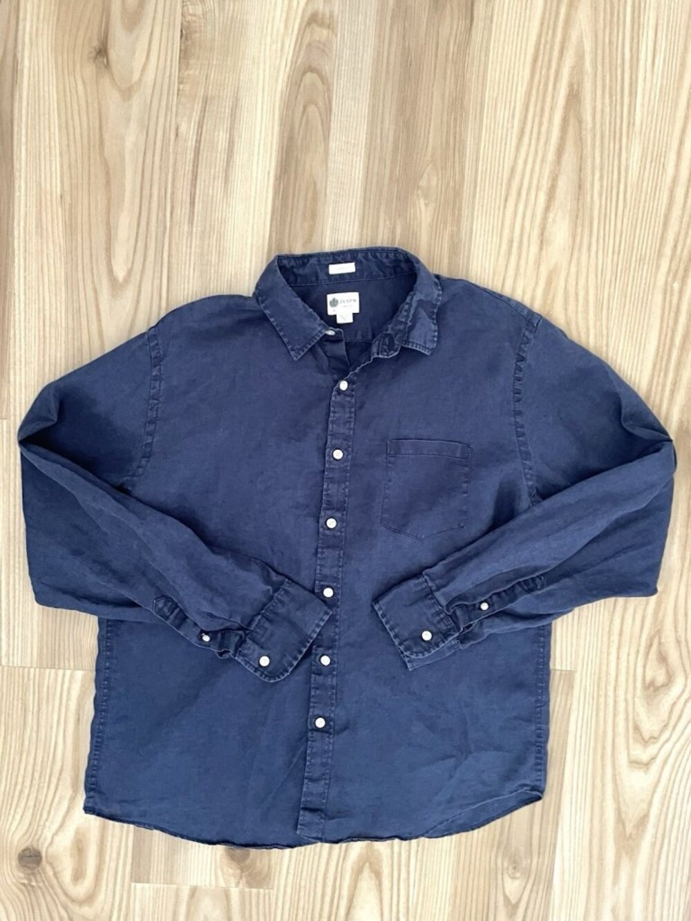 J Crew 100% Linen Tailored Fit Button Up Shirt Navy Blue Mens size Large